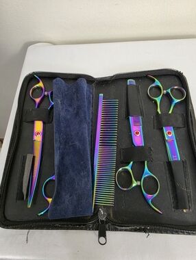 Set of 6 Professional Dog Grooming Scissors  Curved Scissors  Thinning Comb